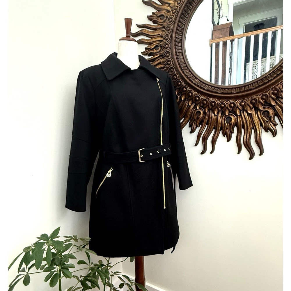 Michael Michael Kors Wool Blend Peacoat 0X Black Belted Moto Gold Zip Plus Size